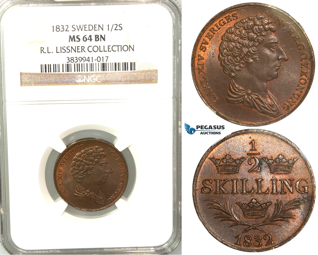 V80, Sweden, Carl XIV Johan, 1/2 Skilling 1832, Stockholm, NGC MS64BN, ex. Lissner, SM 131