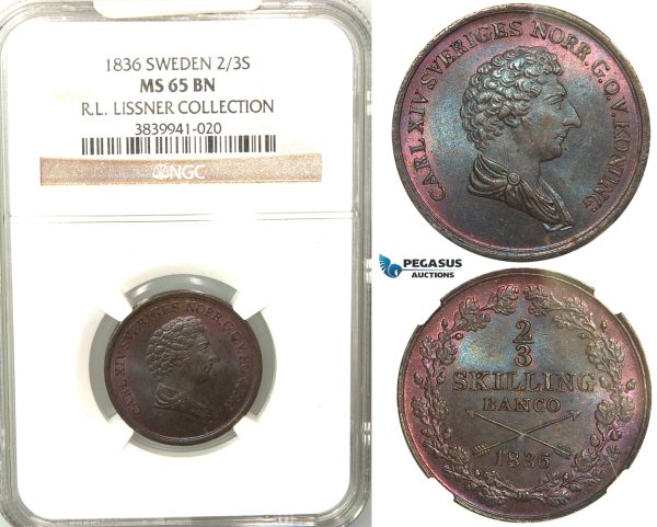 V81, Sweden, Carl XIV Johan, 2/3 Skilling banco 1836, Stockholm, NGC MS65BN (Pop 1/3, Finest), ex. Lissner, SM 156