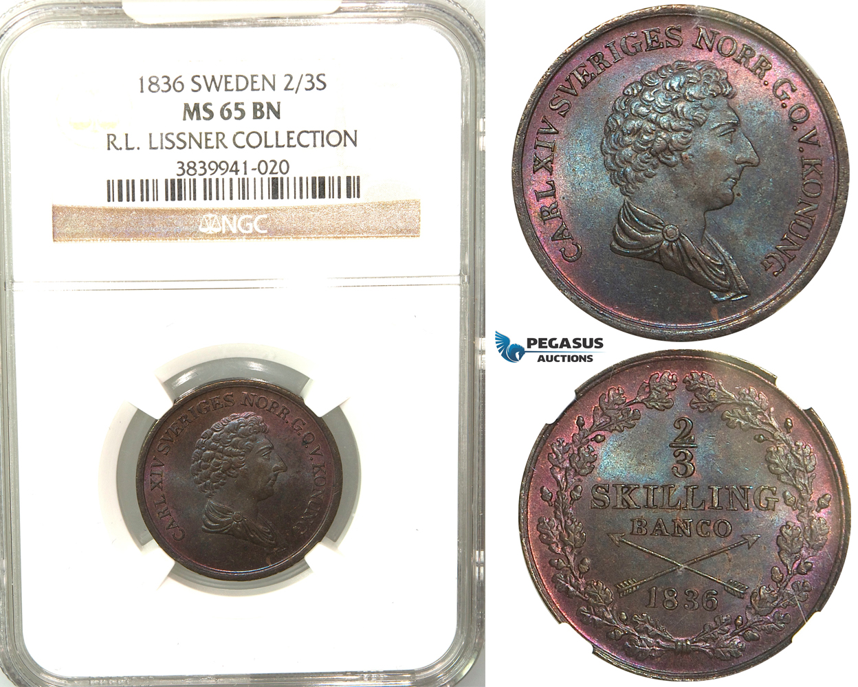 V81, Sweden, Carl XIV Johan, 2/3 Skilling banco 1836, Stockholm, NGC MS65BN (Pop 1/3, Finest), ex. Lissner, SM 156