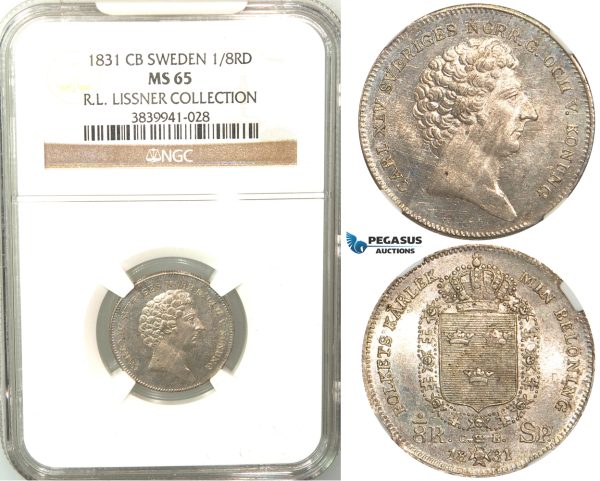 V82, Sweden, Carl XIV Johan, 1/8 Rigsdaler specie 1831 CB, Stockholm, Silver, NGC MS65 (Pop 1/1, Finest), ex. Lissner, SM 85
