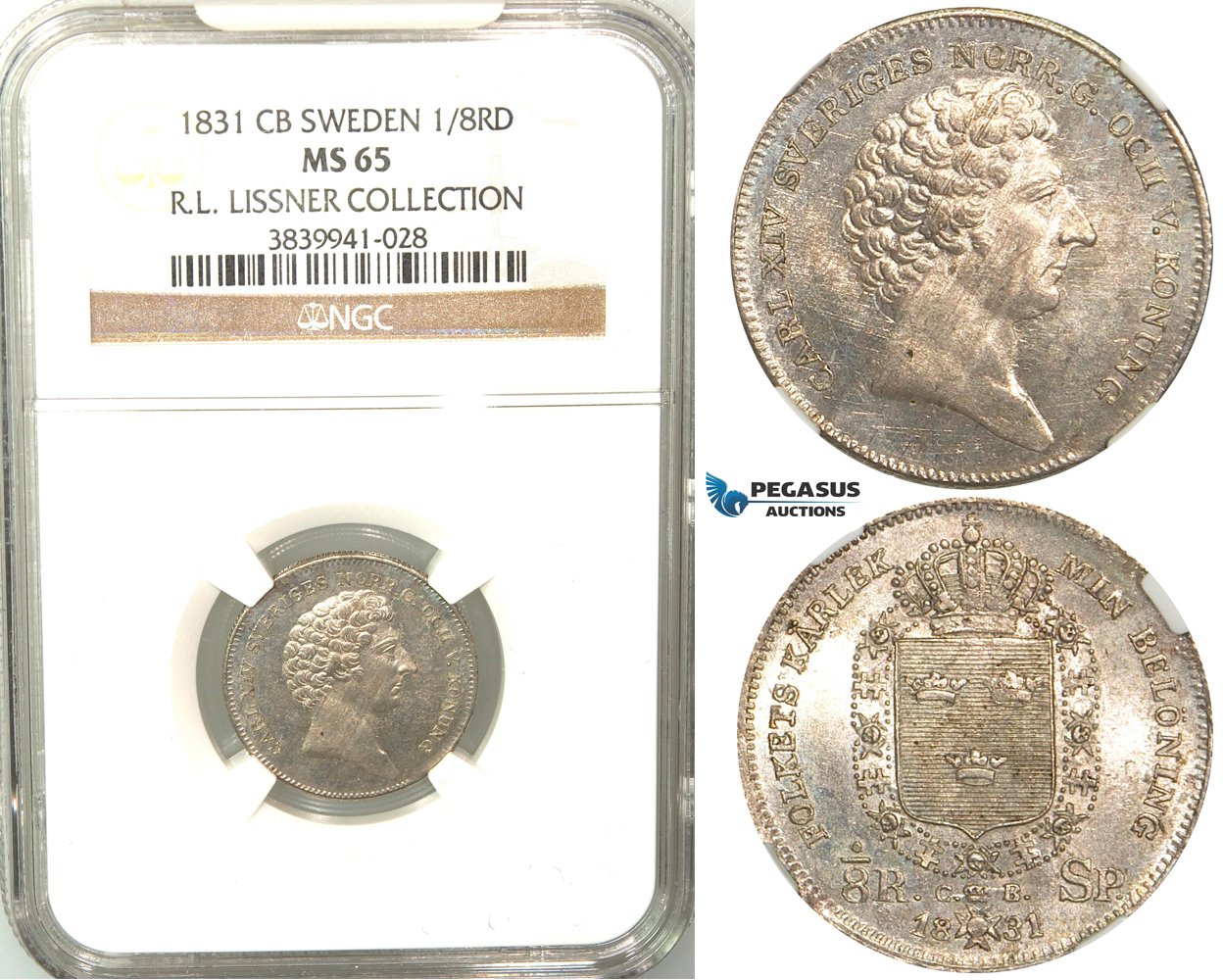 V82, Sweden, Carl XIV Johan, 1/8 Rigsdaler specie 1831 CB, Stockholm, Silver, NGC MS65 (Pop 1/1, Finest), ex. Lissner, SM 85