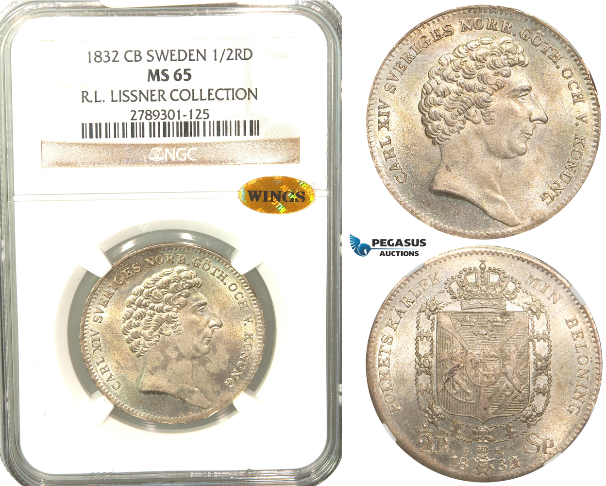 V83, Sweden, Carl XIV Johan, 1/2 Rigsdaler specie 1832 CB, Stockholm, Silver, NGC MS65 WINGS (Pop 1/1, Finest), ex. Lissner, SM 74
