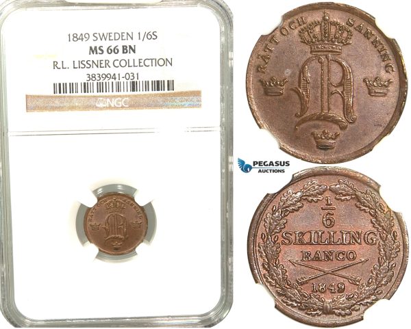 V84, Sweden, Oscar I, 1/6 Skilling banco 1849, Stockholm, NGC MS66BN (Pop 1/1, finest) ex. Lissner, SM 125