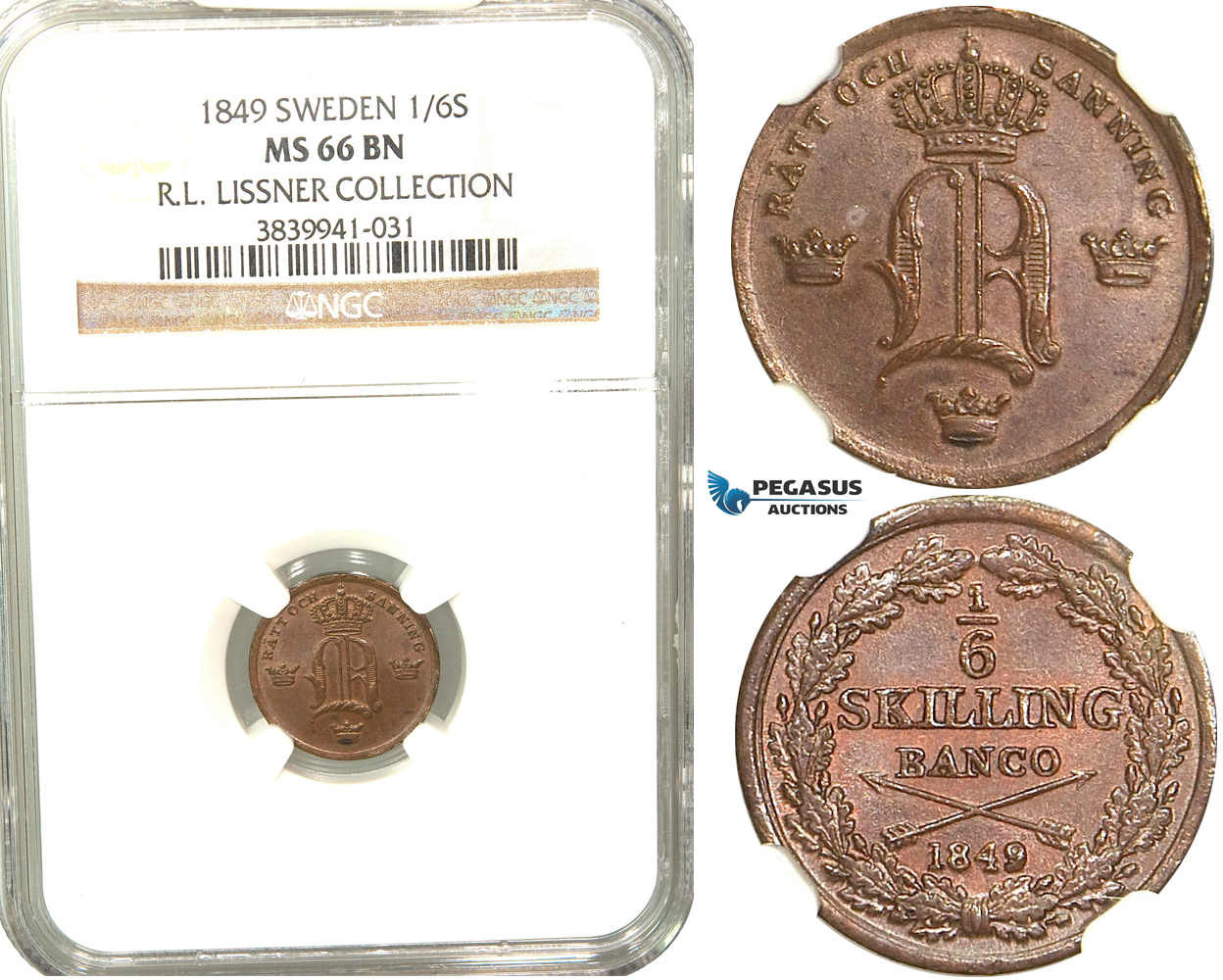 V84, Sweden, Oscar I, 1/6 Skilling banco 1849, Stockholm, NGC MS66BN (Pop 1/1, finest) ex. Lissner, SM 125
