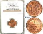 V85, Sweden, Oscar I, 1/3 Skilling banco 1852, Stockholm, NGC MS65RB (Pop 1/1, finest) ex. Lissner, SM 117