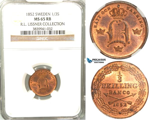 V85, Sweden, Oscar I, 1/3 Skilling banco 1852, Stockholm, NGC MS65RB (Pop 1/1, finest) ex. Lissner, SM 117