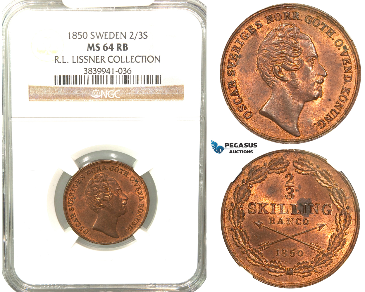 V86, Sweden, Oscar I, 2/3 Skilling banco 1850, Stockholm, NGC MS64RB (Pop 1/1, finest) ex. Lissner, SM 104