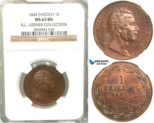 V87, Sweden, Oscar I, 1 Skilling banco 1844, Stockholm, NGC MS63BN (Pop 1/2) ex. Lissner, SM 88
