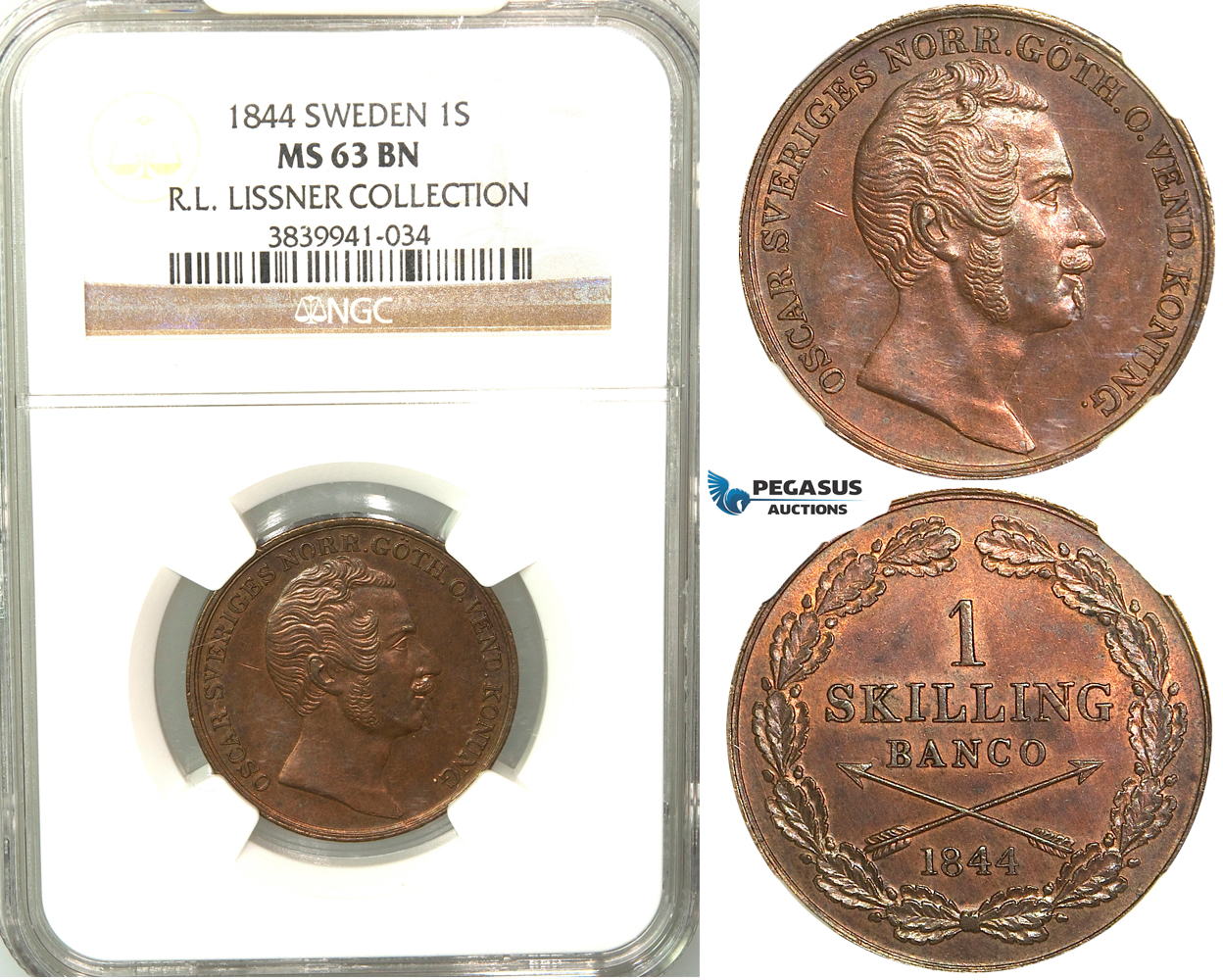 V87, Sweden, Oscar I, 1 Skilling banco 1844, Stockholm, NGC MS63BN (Pop 1/2) ex. Lissner, SM 88