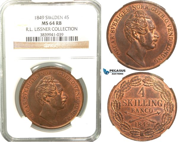 V89, Sweden, Oscar I, 4 Skilling banco 1849, Stockholm, NGC MS64RB (Pop 1/1, Finest) ex. Lissner, SM 71