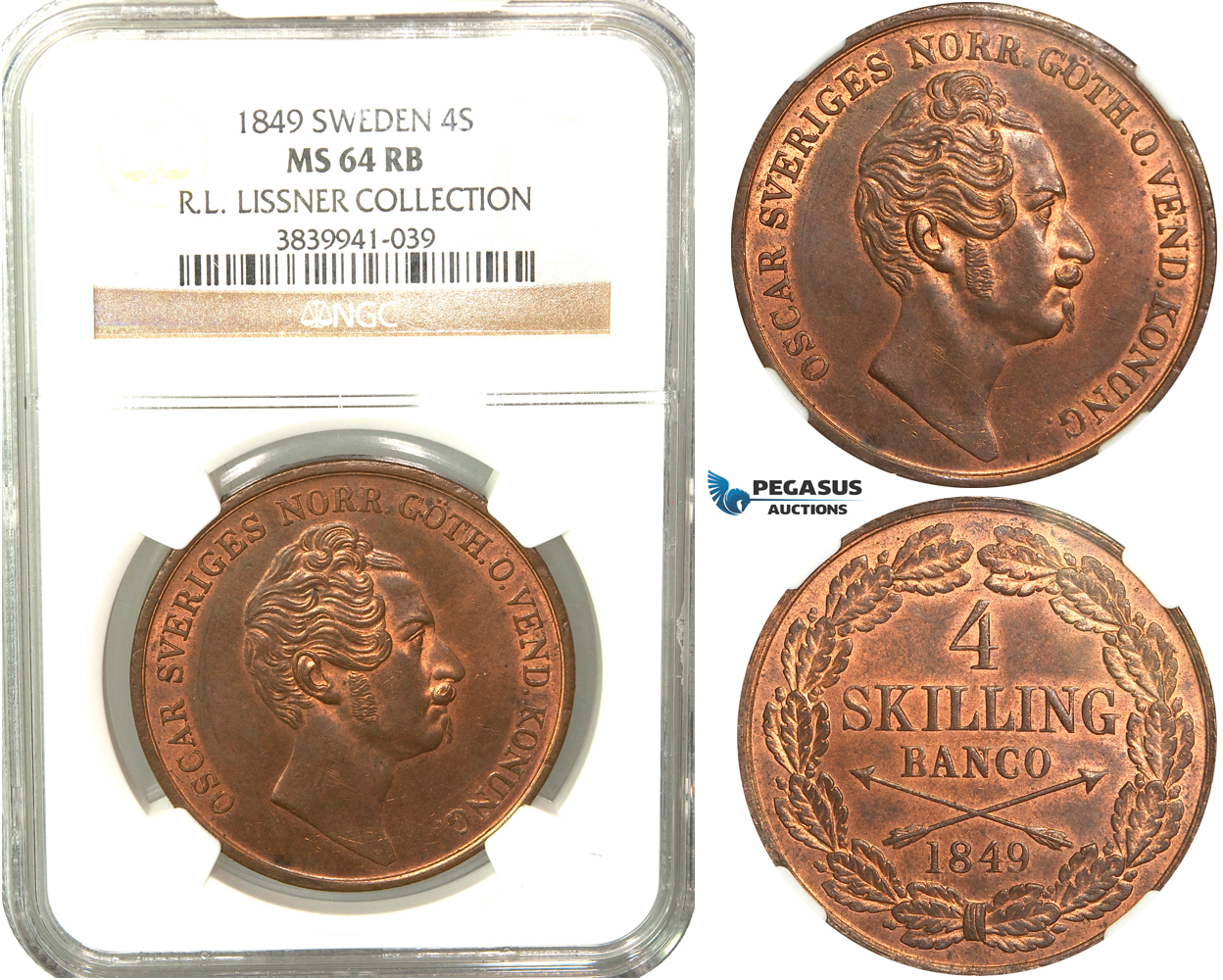 V89, Sweden, Oscar I, 4 Skilling banco 1849, Stockholm, NGC MS64RB (Pop 1/1, Finest) ex. Lissner, SM 71