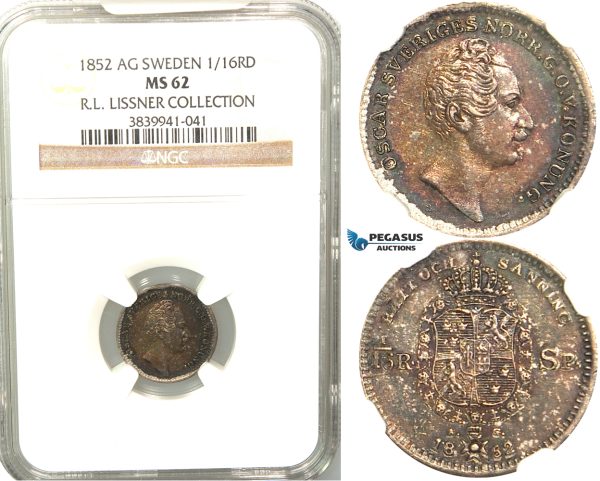 V90, Sweden, Oscar I, 1/16 Rigsdaler specie 1852 AG, Stockholm, Silver, NGC MS62  ex. Lissner, SM 49