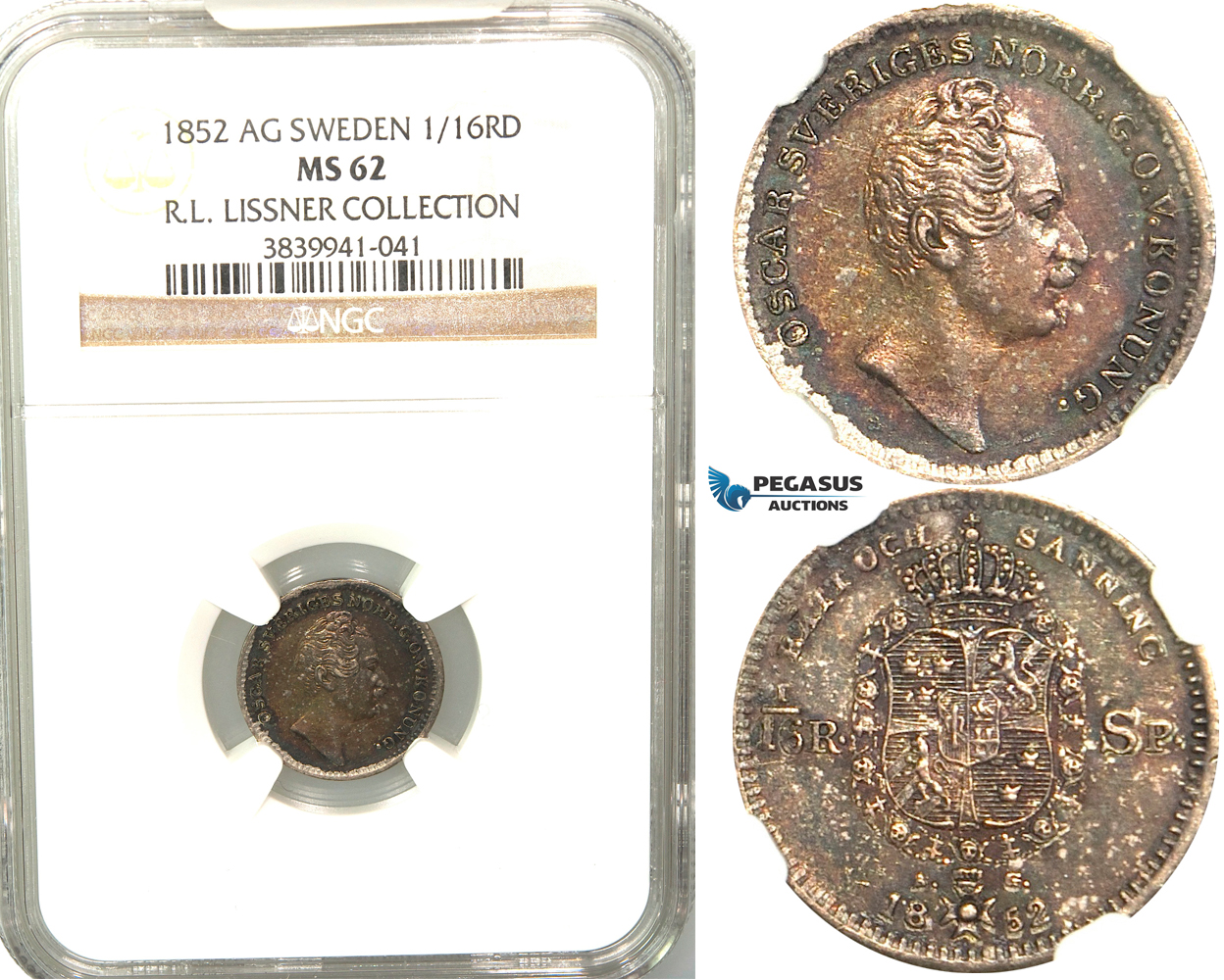 V90, Sweden, Oscar I, 1/16 Rigsdaler specie 1852 AG, Stockholm, Silver, NGC MS62 ex. Lissner, SM 49