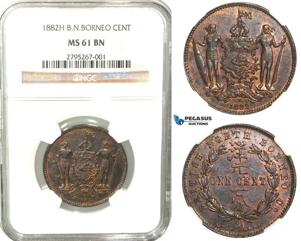 W13, British North Borneo, 1 Cent 1882-H, Heaton, NGC MS61