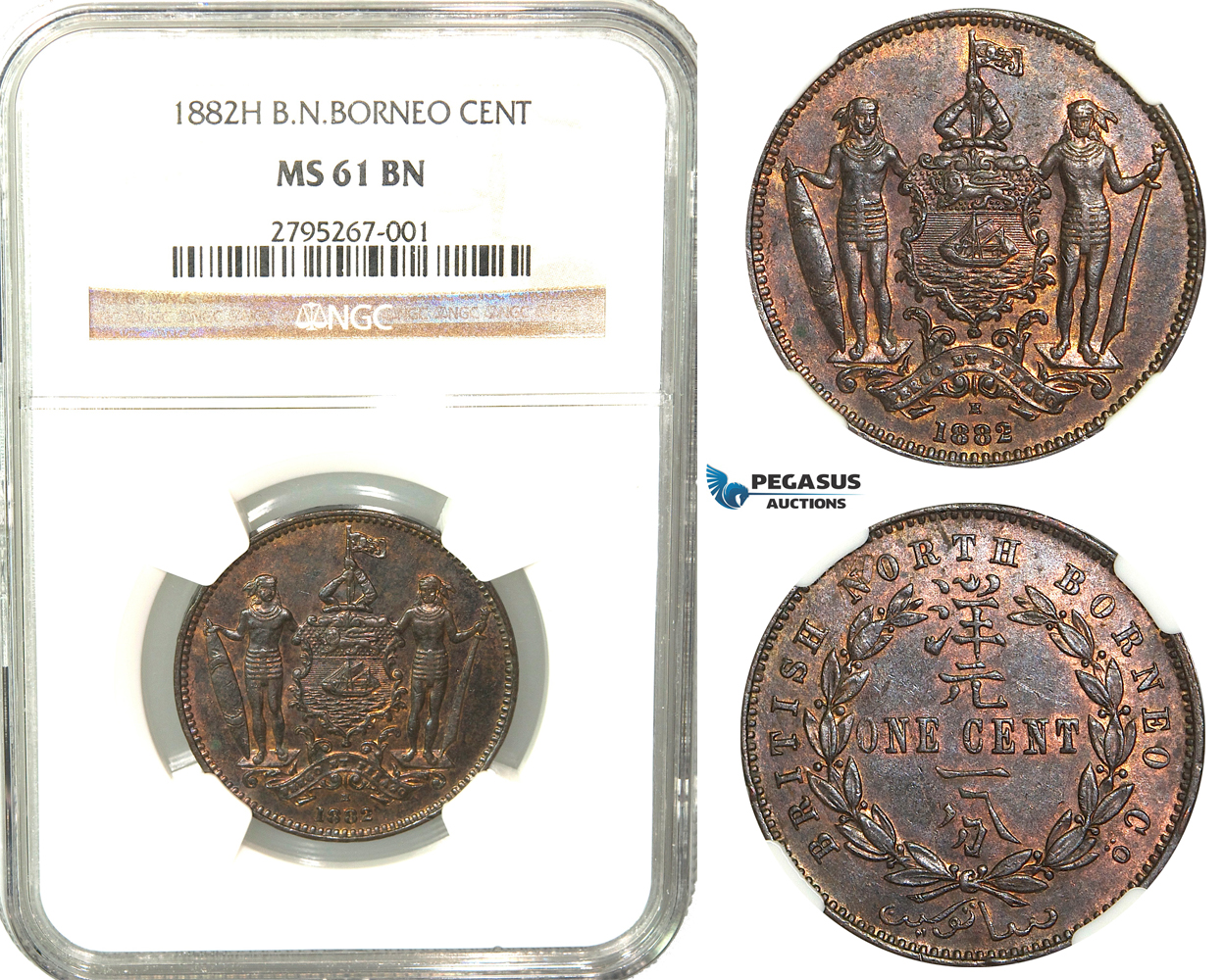 W13, British North Borneo, 1 Cent 1882-H, Heaton, NGC MS61