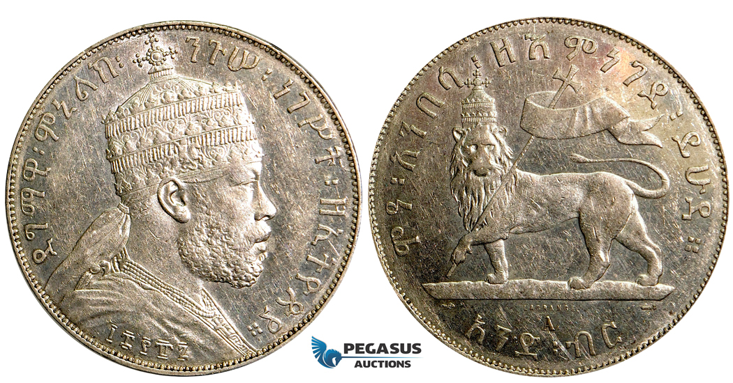 W18, Ethiopia, Menelik II, Birr EE 1887-A, Paris, Silver, Cleaned High Grade!