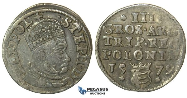 W183, Poland, Stefan Bathory, 3 Groschen (Trojak) 1579, Olkusz, Silver (2.26g) Rare!