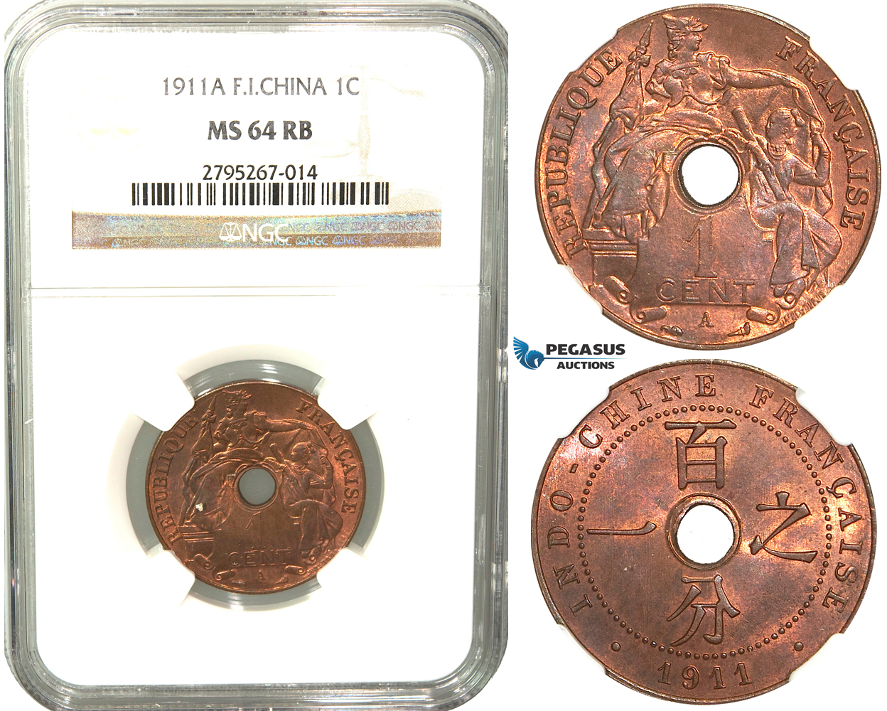 W24, French Indo-China, 1 Centime 1911-A, Paris, NGC MS64RB