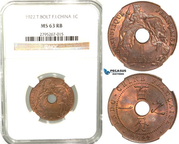 W25, French Indo-China, 1 Centime 1922 (T.Bolt) Huguenin, NGC MS63RB