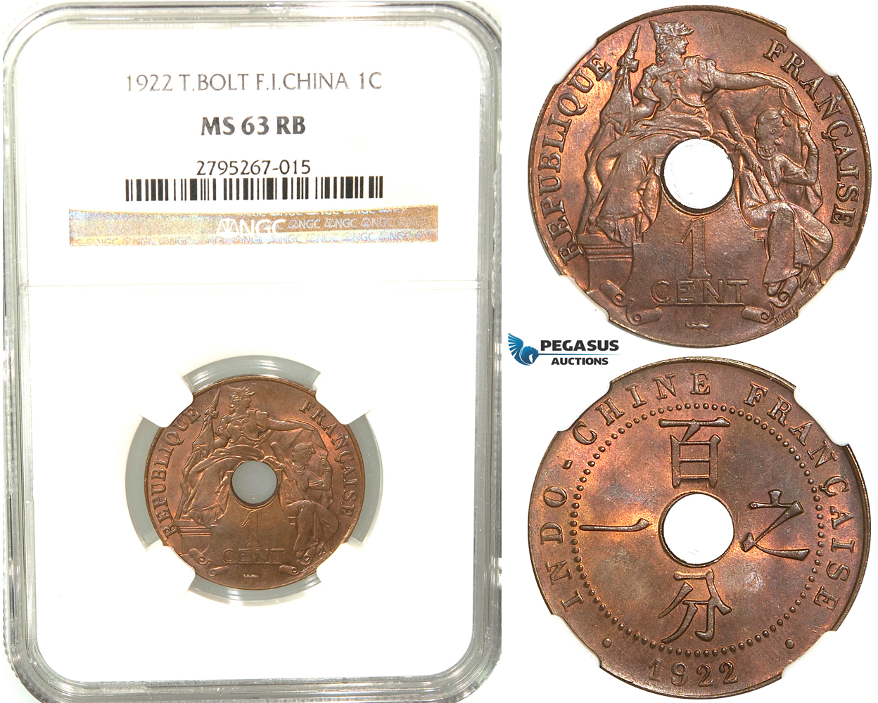 W25, French Indo-China, 1 Centime 1922 (T.Bolt) Huguenin, NGC MS63RB