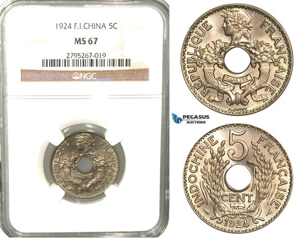 W29, French Indo-China, 5 Centimes 1924, Paris, NGC MS67 (Pop 1/1, Finest)