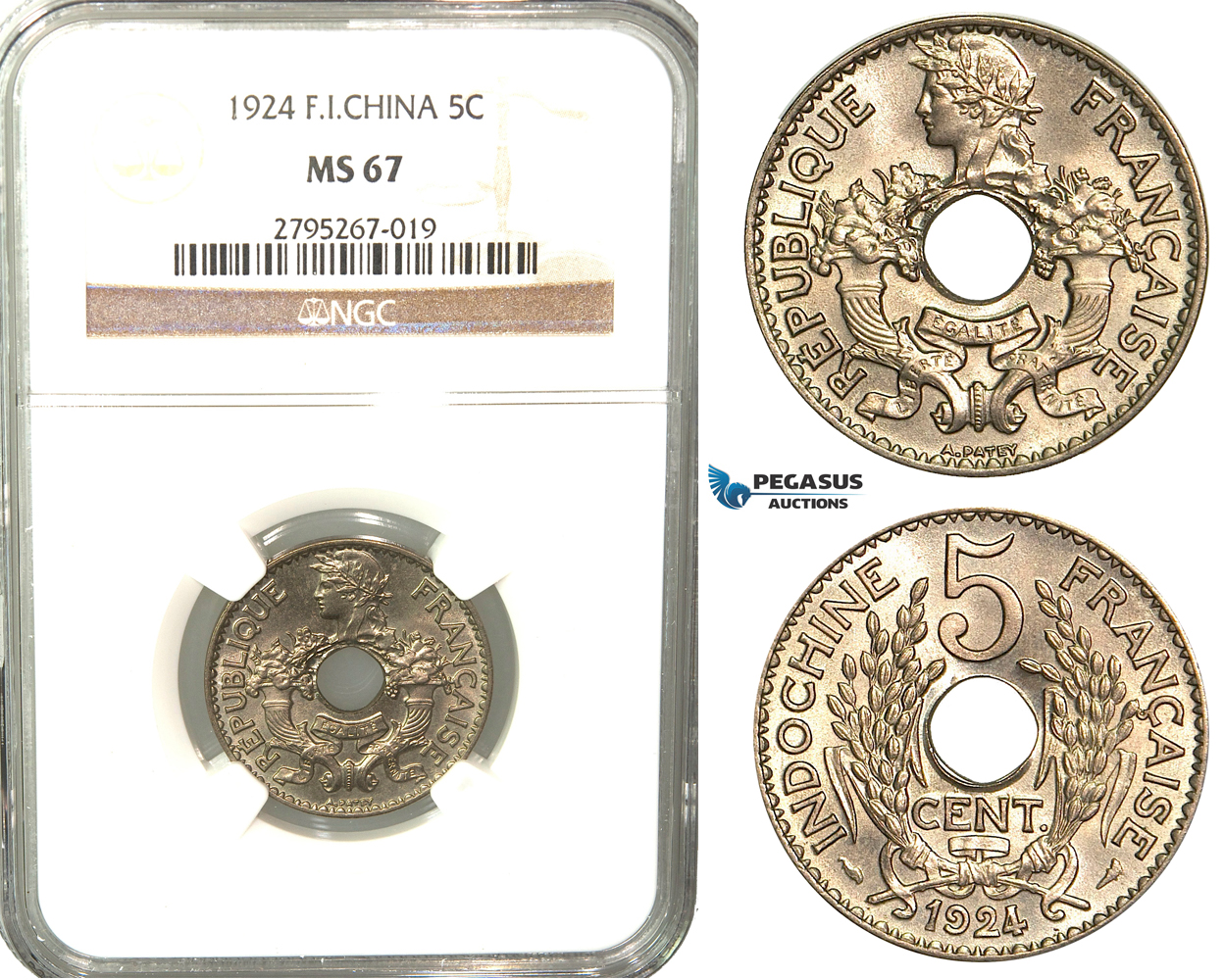 W29, French Indo-China, 5 Centimes 1924, Paris, NGC MS67 (Pop 1/1, Finest)