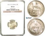 W31, French Indo-China, 10 Centimes 1921-A, Paris, Silver, NGC MS64
