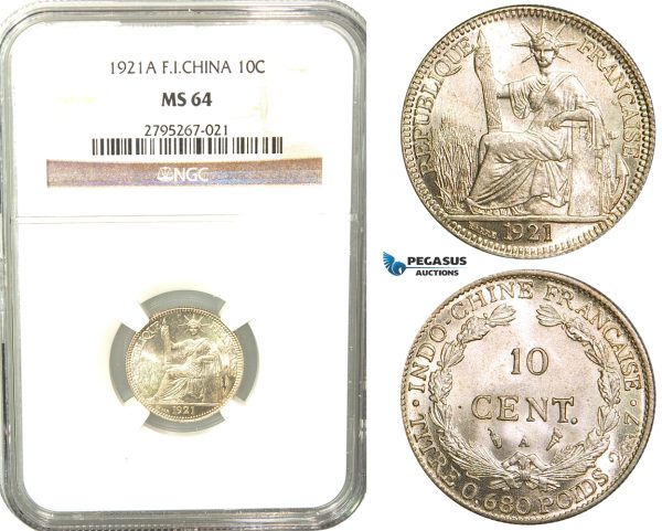 W31, French Indo-China, 10 Centimes 1921-A, Paris, Silver, NGC MS64