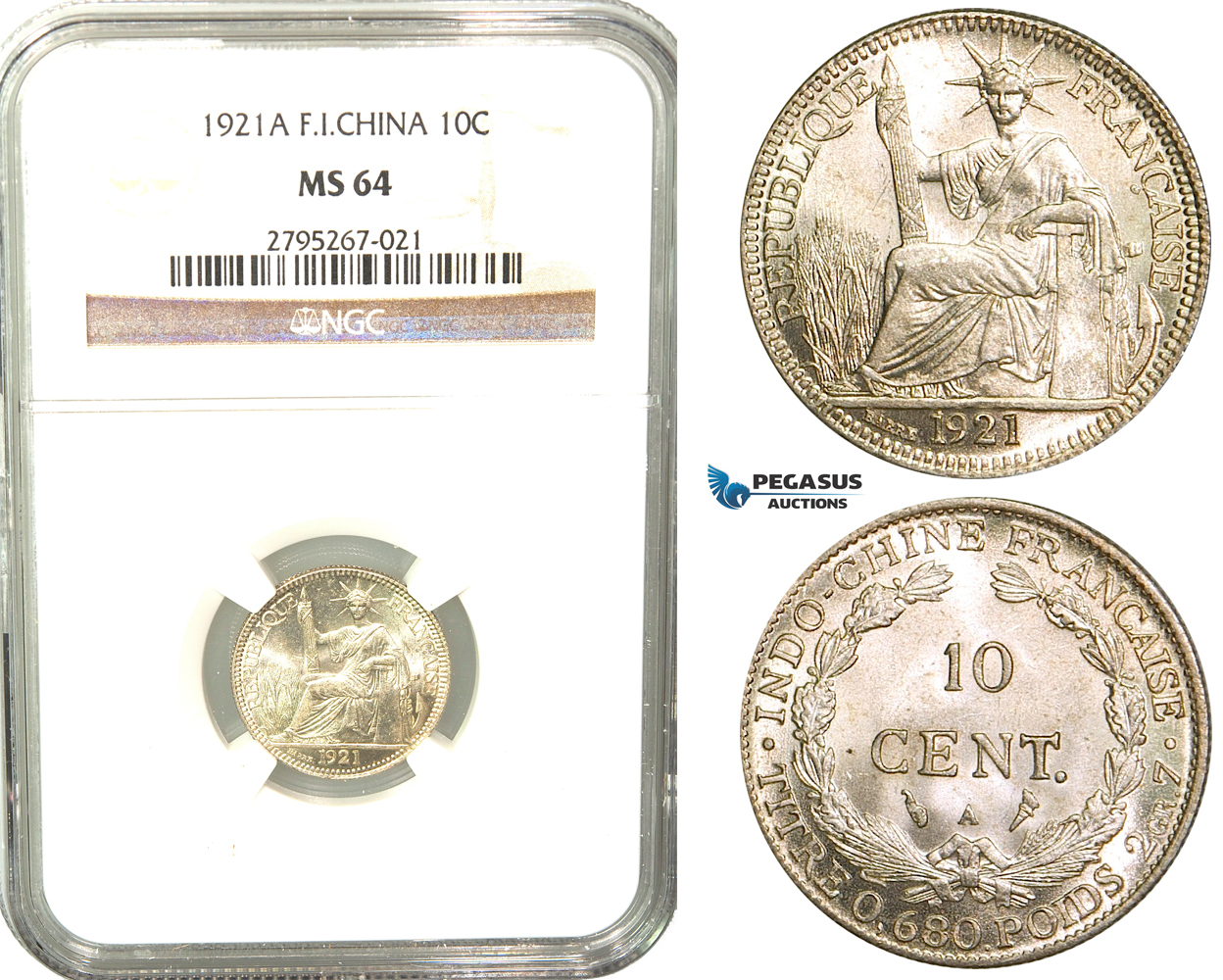 W31, French Indo-China, 10 Centimes 1921-A, Paris, Silver, NGC MS64