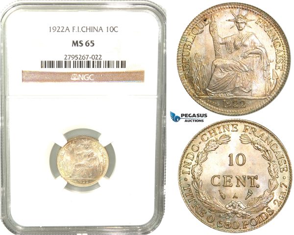W32, French Indo-China, 10 Centimes 1922-A, Paris, Silver, NGC MS65
