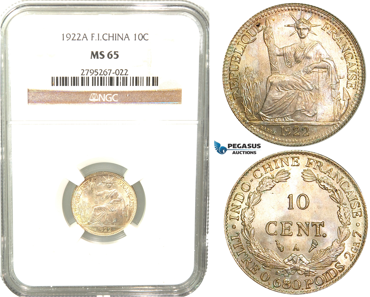 W32, French Indo-China, 10 Centimes 1922-A, Paris, Silver, NGC MS65