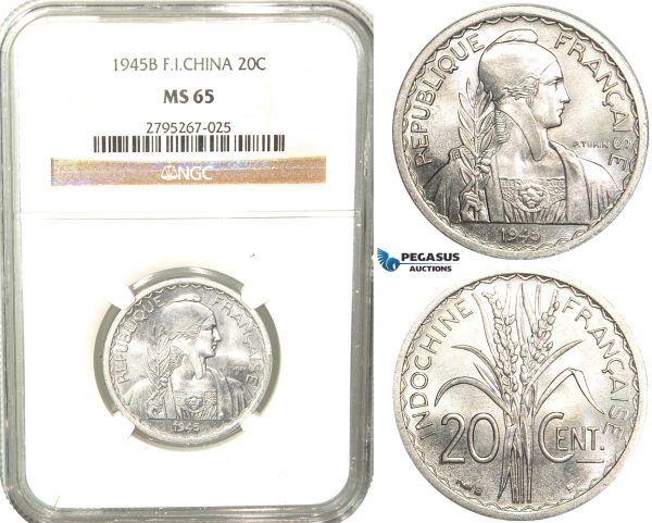 W34, French Indo-China, 20 Centimes 1945-B, Paris, NGC MS65 (Pop 1/6, No finer)