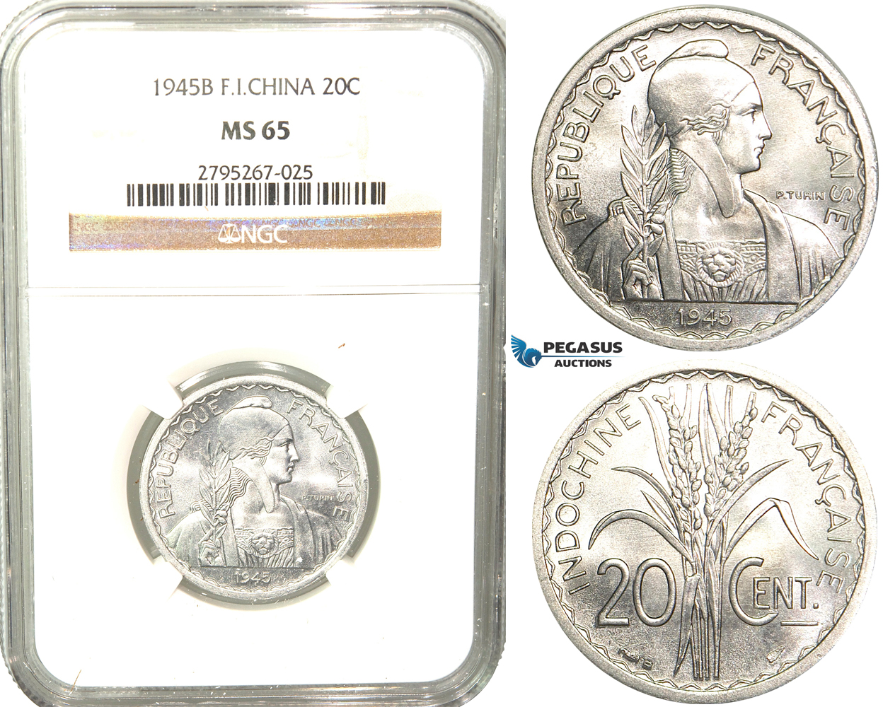 W34, French Indo-China, 20 Centimes 1945-B, Paris, NGC MS65 (Pop 1/6, No finer)