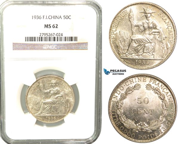W35, French Indo-China, 50 Centimes 1936, Paris, Silver, NGC MS62