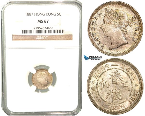 W39, Hong Kong, Victoria, 5 Cents 1887, London, Silver, NGC MS67 (Pop 1/1, Finest) Very Rare Grade!