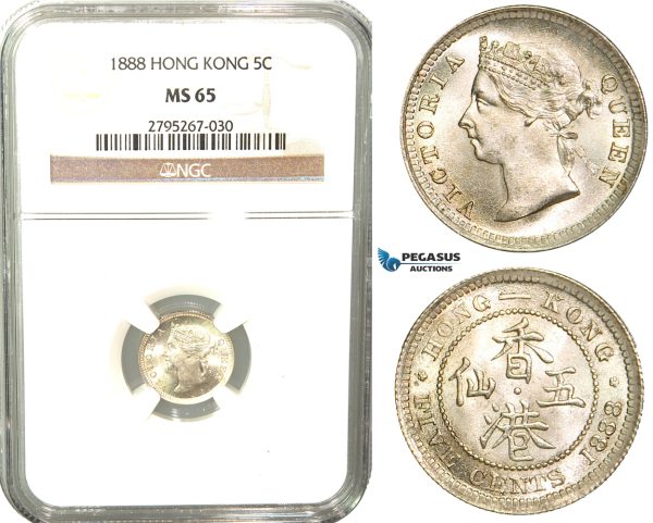 W40, Hong Kong, Victoria, 5 Cents 1888, London, Silver, NGC MS65