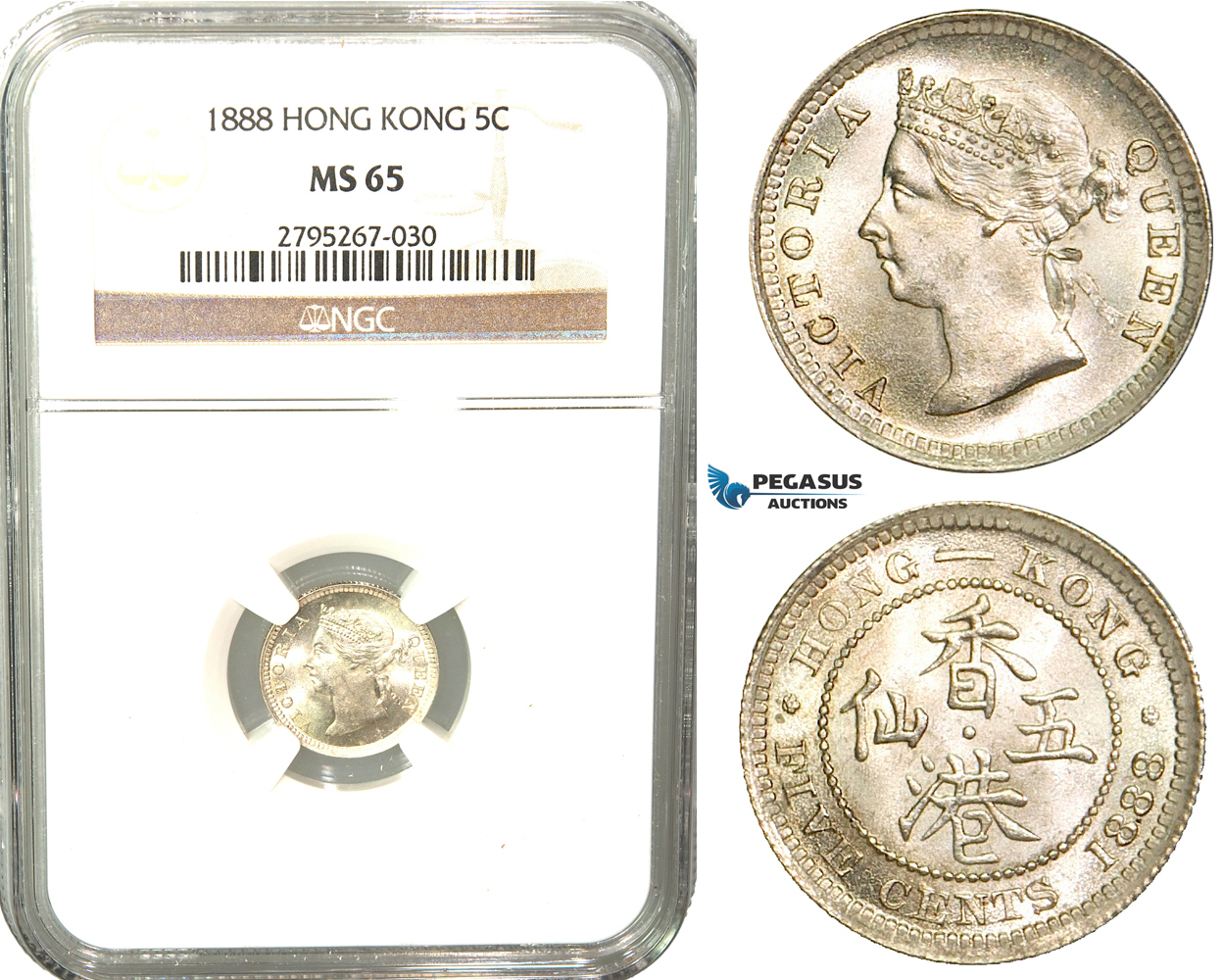 W40, Hong Kong, Victoria, 5 Cents 1888, London, Silver, NGC MS65