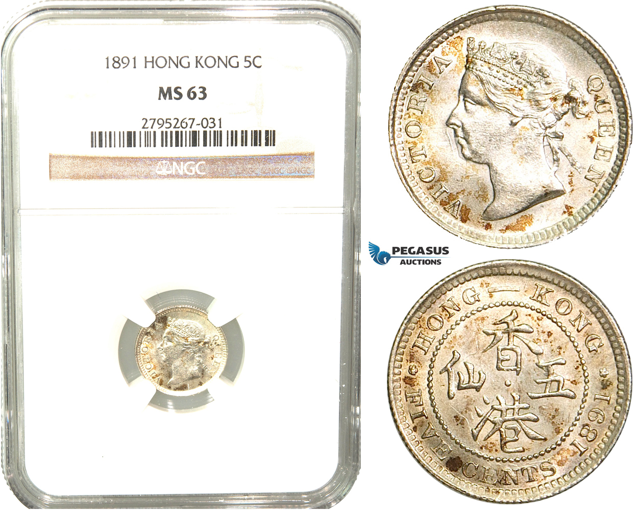W41, Hong Kong, Victoria, 5 Cents 1891, London, Silver, NGC MS63