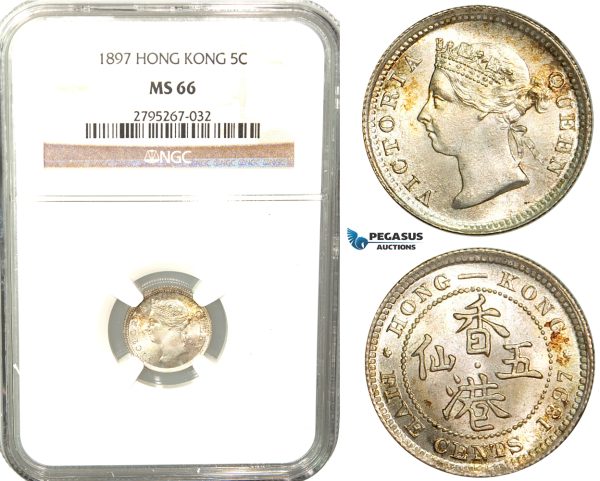 W42, Hong Kong, Victoria, 5 Cents 1897, London, Silver, NGC MS66
