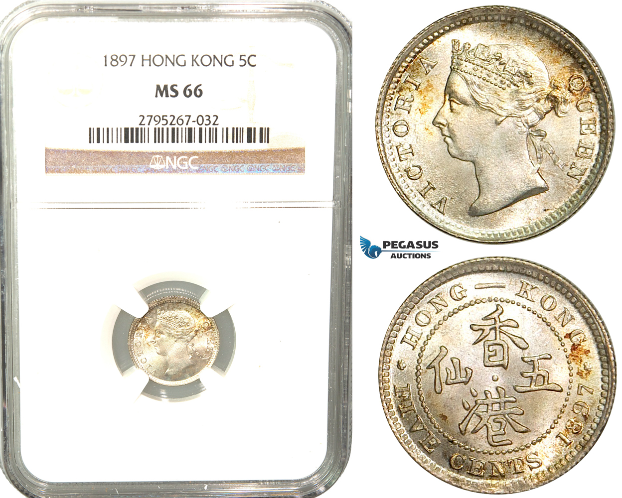 W42, Hong Kong, Victoria, 5 Cents 1897, London, Silver, NGC MS66