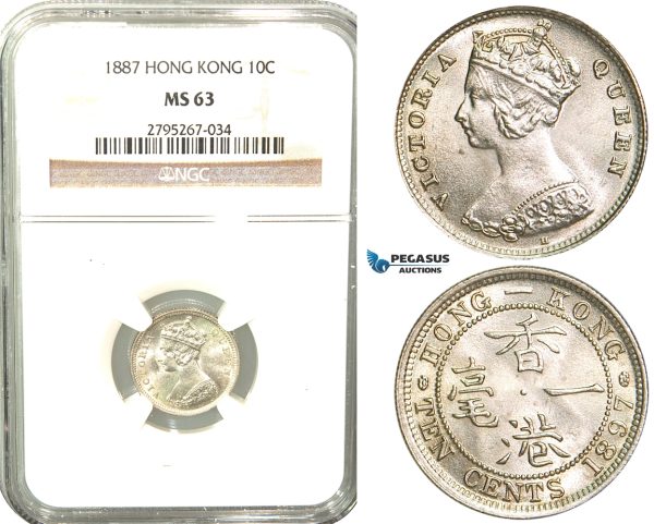 W44, Hong Kong, Victoria, 10 Cents 1887, London, Silver, NGC MS63
