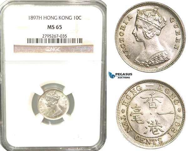 W45, Hong Kong, Victoria, 10 Cents 1897-H, Heaton, Silver, NGC MS65