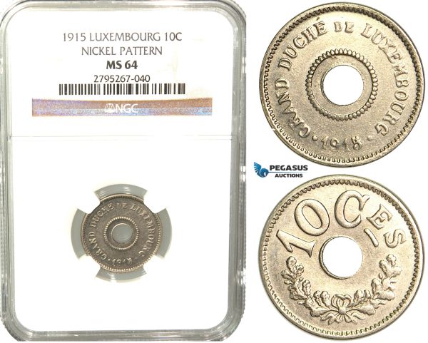 W50, Luxembourg, Marie-Adélaïde, Pattern 10 Centimes 1915, Nickel, NGC MS64 (Pop 1/1, Finest) Very Rare!