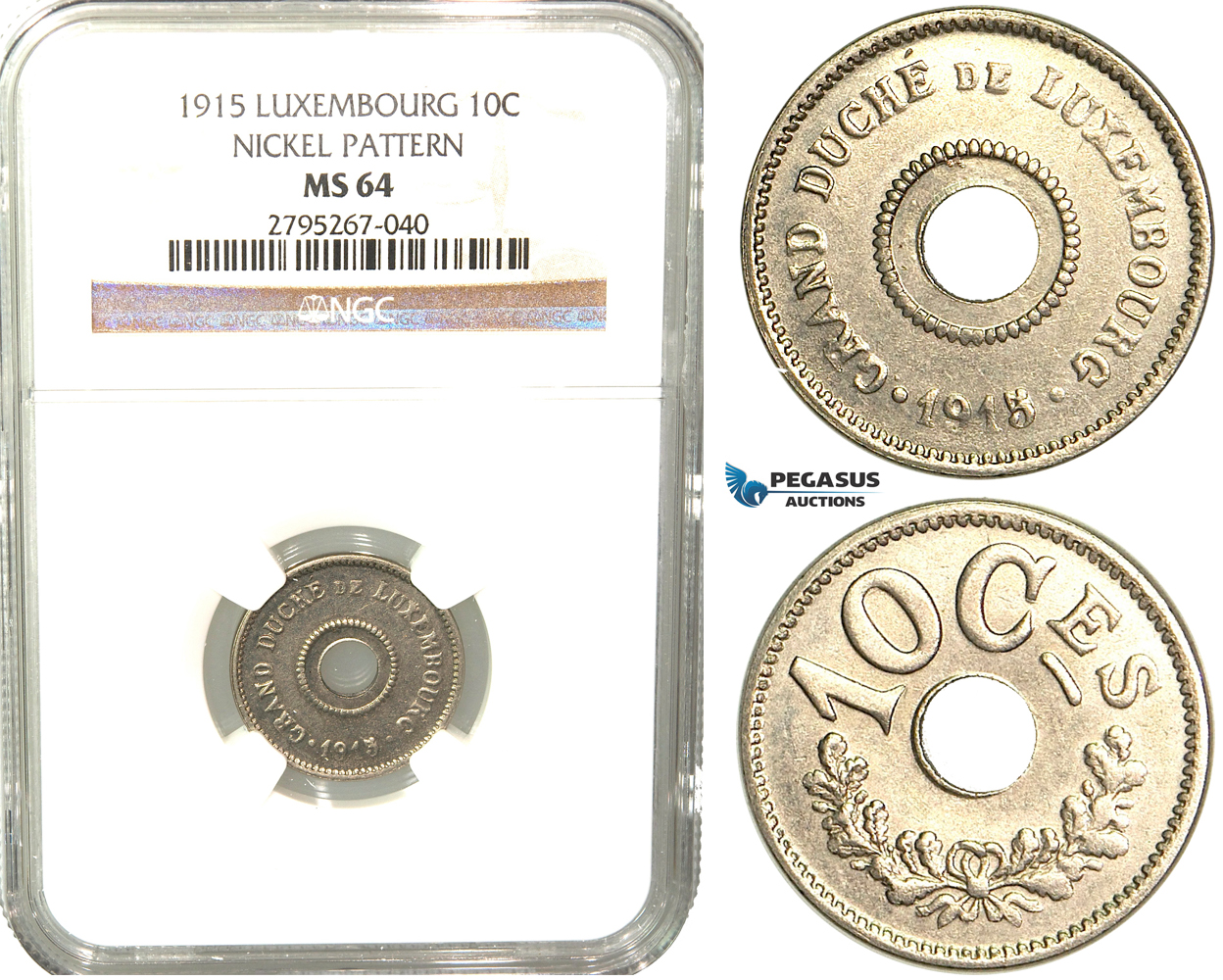 W50, Luxembourg, Marie-Adélaïde, Pattern 10 Centimes 1915, Nickel, NGC MS64 (Pop 1/1, Finest) Very Rare!
