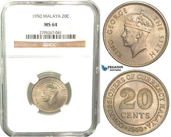W51, Malaya, George VI, 20 Cents 1950, NGC MS64