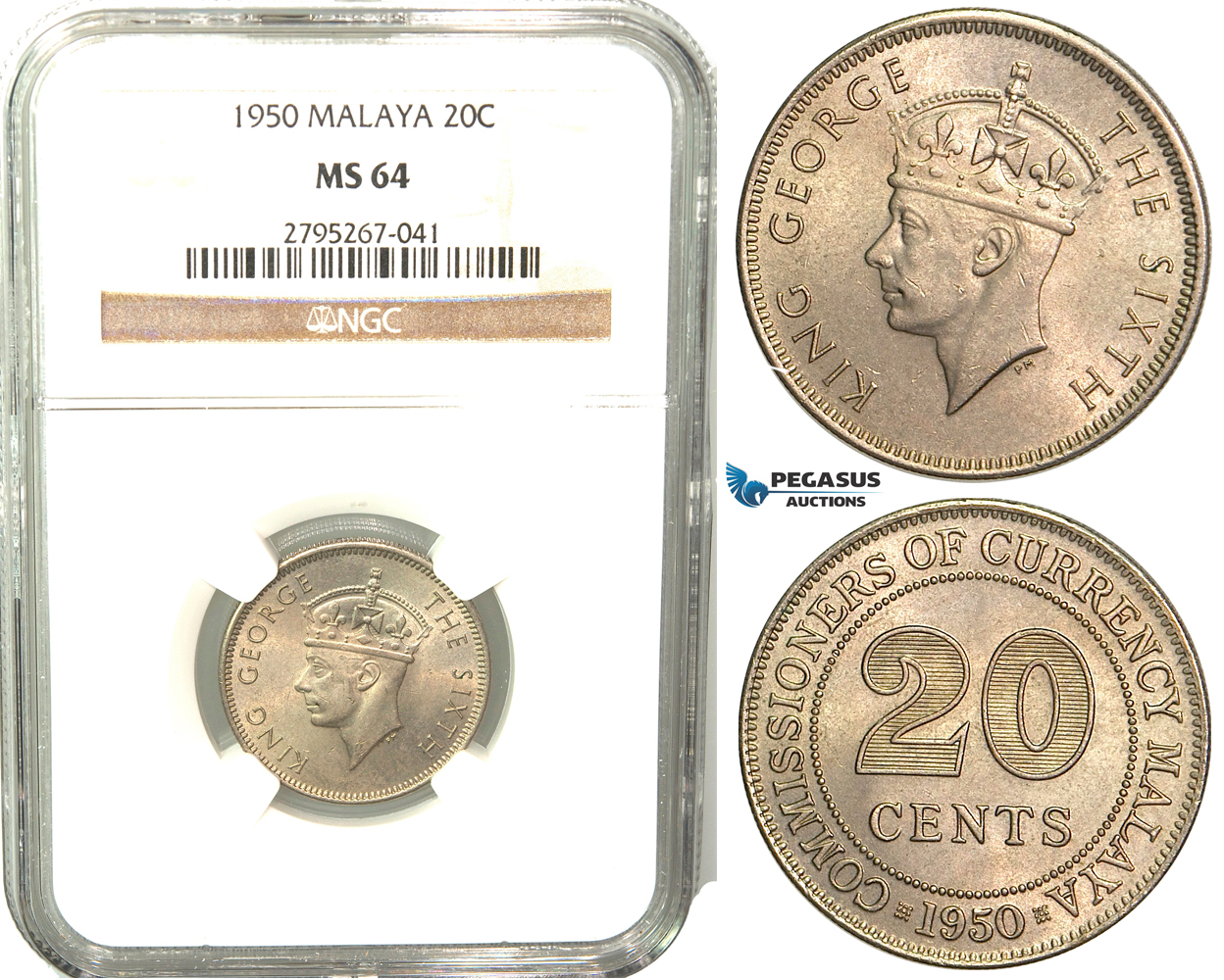 W51, Malaya, George VI, 20 Cents 1950, NGC MS64