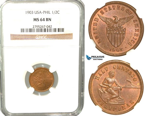 W52, Philippines (US Mandate) 1/2 Centavo 1903, NGC MS64BN