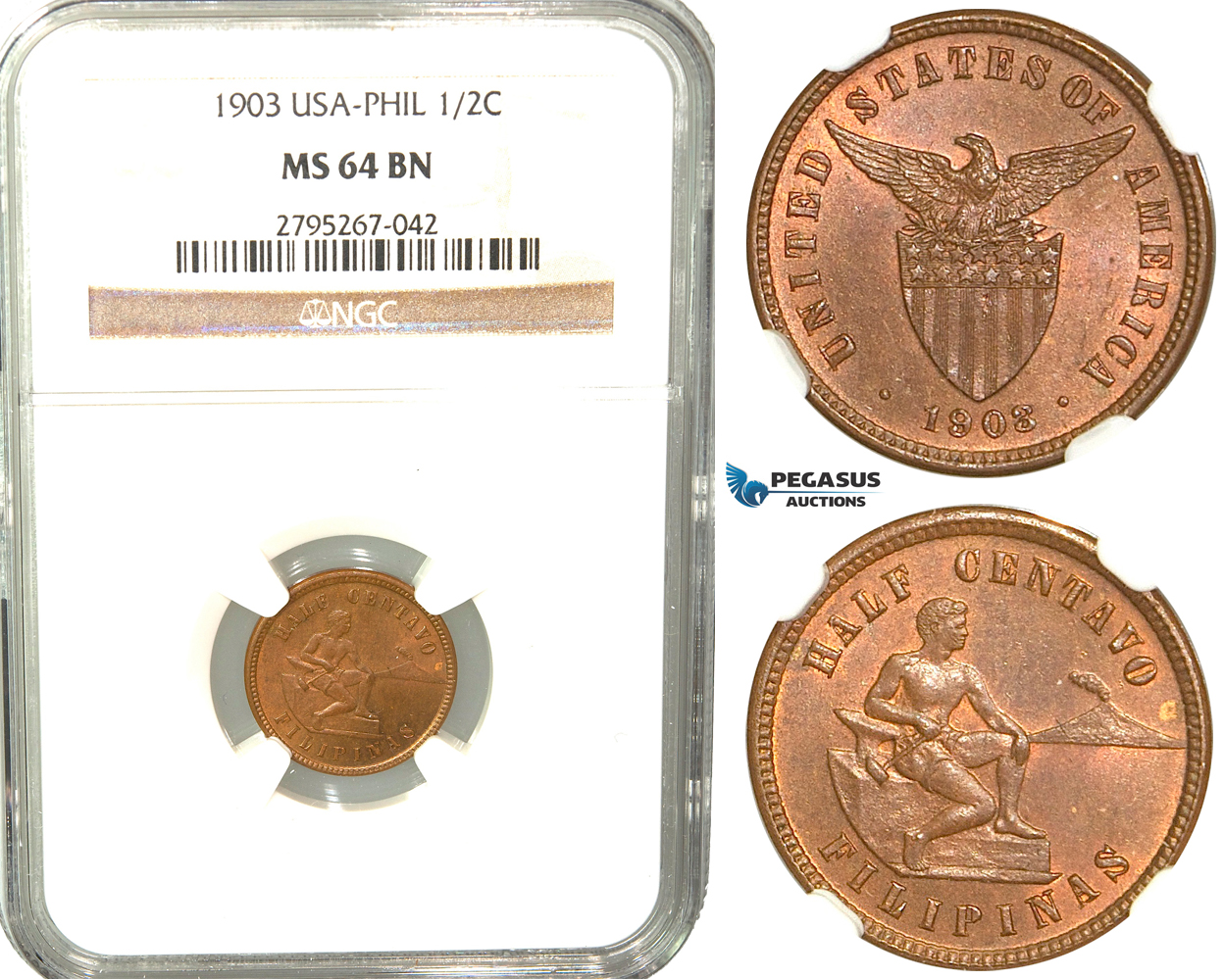 W52, Philippines (US Mandate) 1/2 Centavo 1903, NGC MS64BN