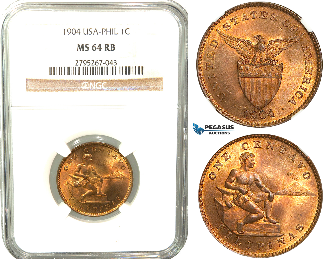 W53, Philippines (US Mandate) 1 Centavo 1904, NGC MS64RB