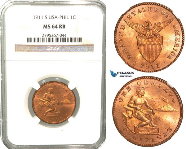 W54, Philippines (US Mandate) 1 Centavo 1911-S, San Francisco, NGC MS64RB